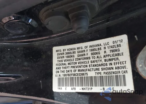 2012 Honda Civic Lx z USA, uszkodzony, nr VIN 19XFB2F58CE039675